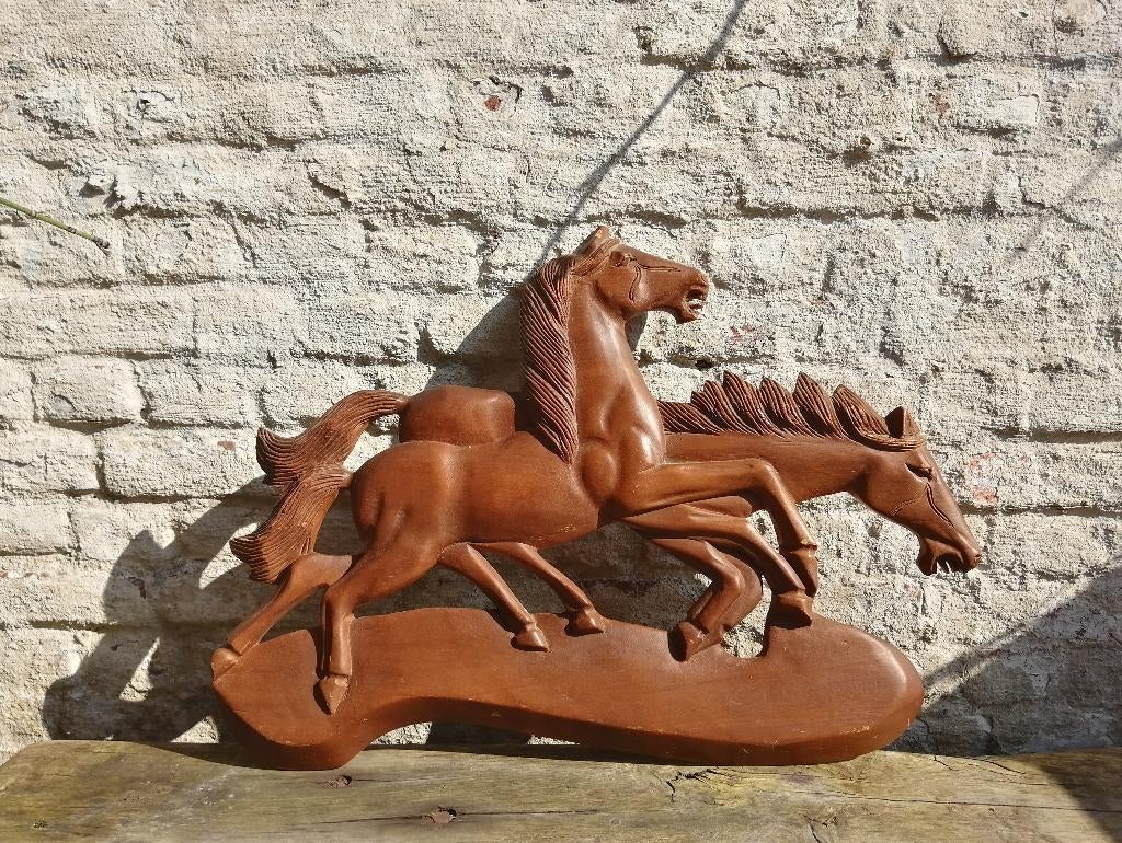vintage muurdecoratie hout, paarden, Antiek en Kunst, Curiosa en Brocante, Ophalen