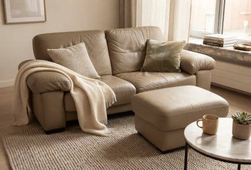 Comfortabele lederen tweezit met poef, Huis en Inrichting, Ophalen, Relax, Gebruikt, 150 tot 200 cm