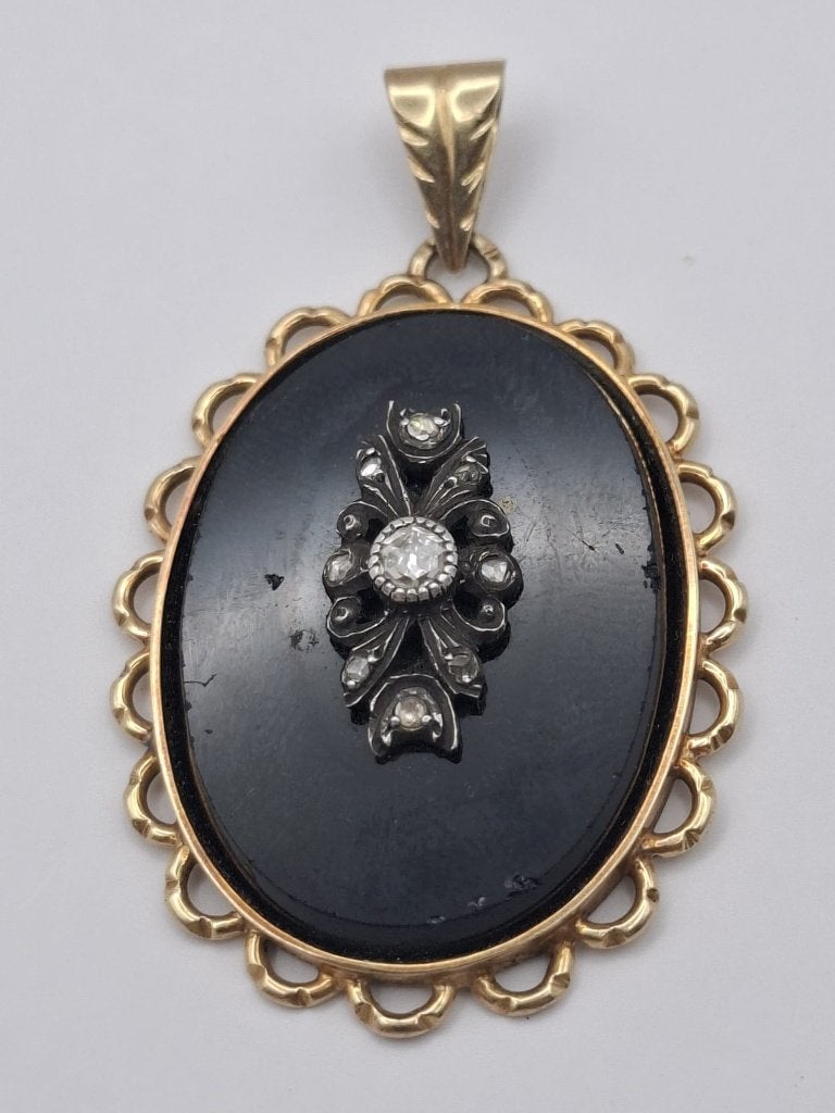 14kt gouden hanger met Onyx en Diamanten, Ophalen of Verzenden, Overige materialen, Hanger, Met edelsteen