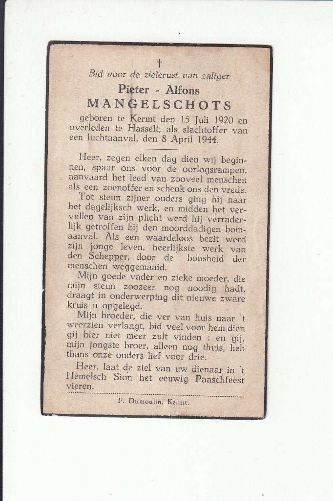 Slachtoffer WO II - Kermt - luchtaanval Hasselt 1944, Verzenden, Bidprentje