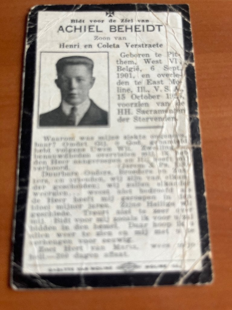 Rouwkaart A. Beheydt  Pittem 1901 + East Moline (VS) 1925, Verzamelen, Bidprentjes en Rouwkaarten, Verzenden, Rouwkaart