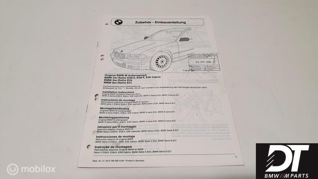 BMW E36 / E34 / E31 M Tech spiegels handleiding EBA 9788069, Gebruikt, Ophalen of Verzenden