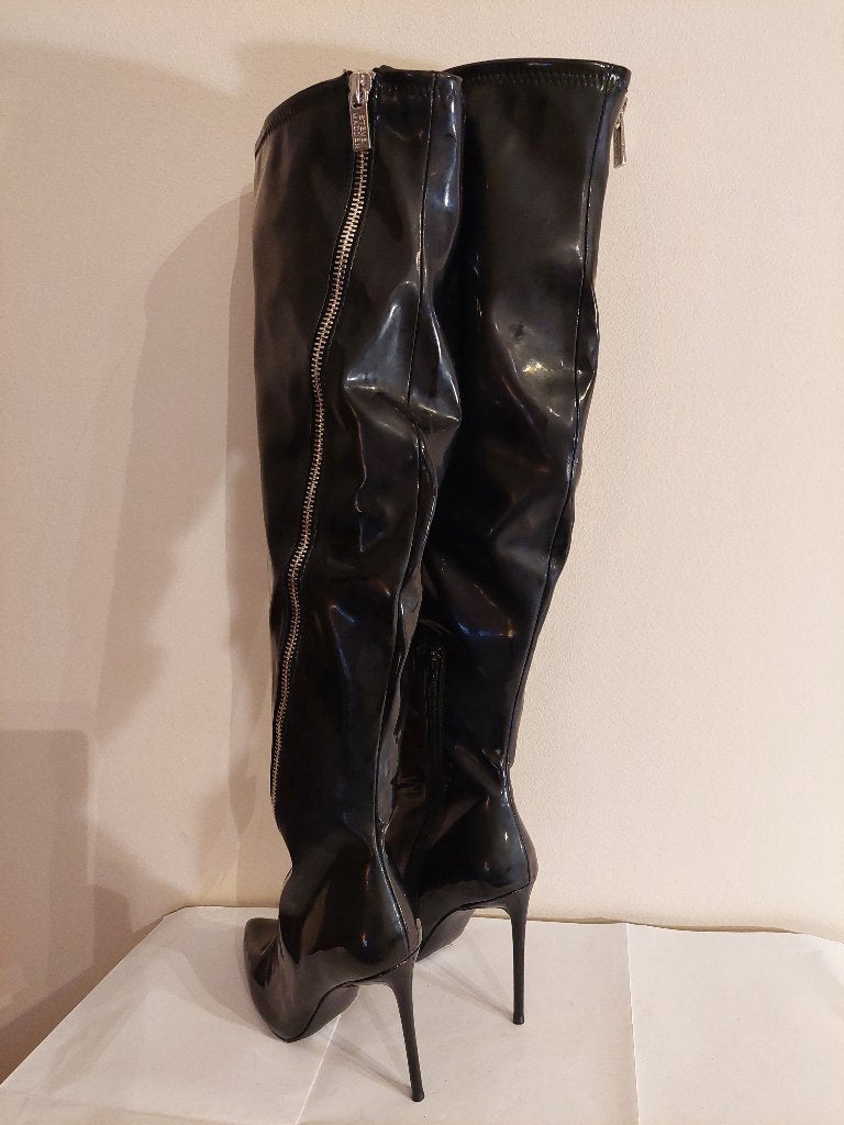 272C* Steve Madden sexy zwarte vinyl dijhoge laarzen (38), Kleding | Dames, Schoenen, Hoge laarzen, Verzenden, Zwart, Steve Madden
