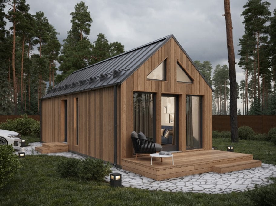 Maison modulaire à panneaux avec terrasse de 38 m², Neuf, 500 cm ou plus, 3 fenêtres ou plus, Bois