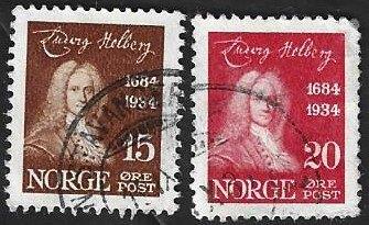 2 Postzegels Noorwegen 1934 Ludvig Holberg, Postzegels en Munten, Postzegels | Europa | Scandinavië, Ophalen of Verzenden, Noorwegen