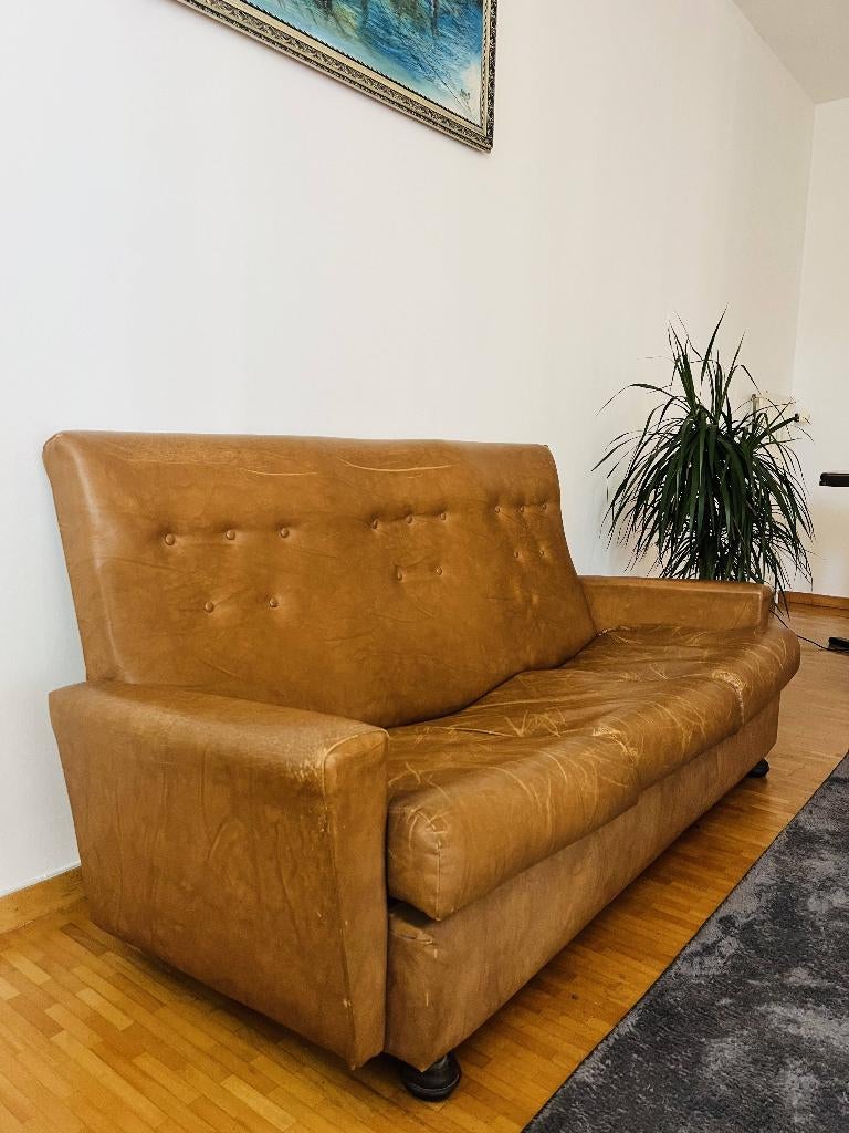Vintage Brown Leather Couch, Huis en Inrichting, Zetels | Zetels, Leer, Ophalen of Verzenden