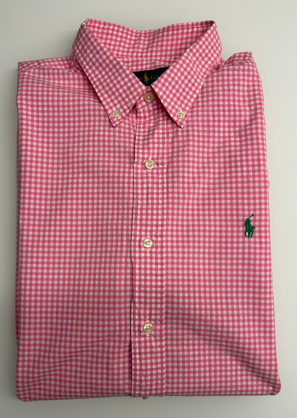 Ralph Lauren geruite hemdje (L), Ophalen of Verzenden, Gedragen, Roze, Halswijdte 41/42 (L)
