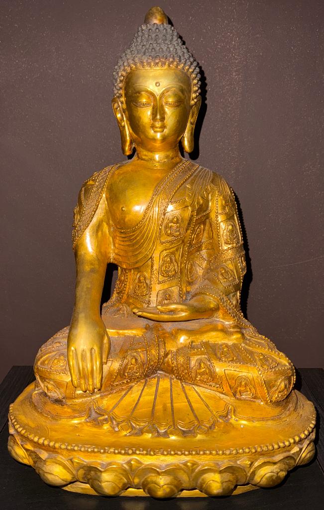 Zeldzame grote Boeddha verguld brons gesigneerd uit Tibet, Antiek en Kunst, Ophalen of Verzenden