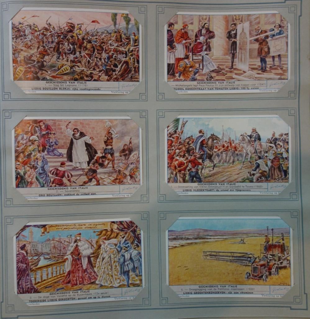 Set Liebig Prenten Geschiedenis van Italië (1958)., Verzamelen, Zo goed als nieuw, 1940 tot 1960, Prent, Buitenland