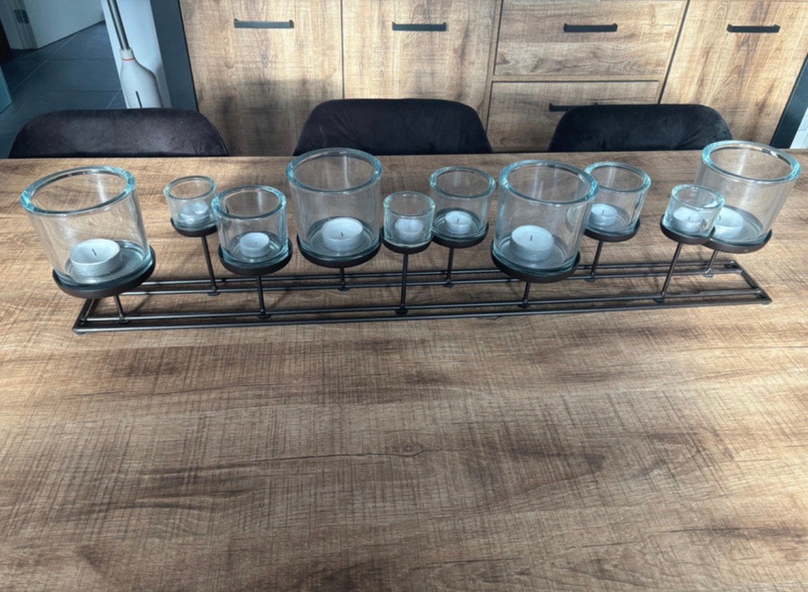 Luxe industriële windlicht theelichthouder 100 cm 10 glazen, Ophalen, Windlicht, Zwart, Glas