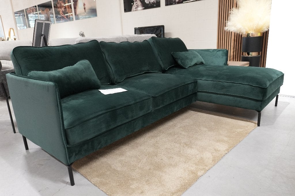 Zetel – Groene hoeksalon met longchair | Velours, Huis en Inrichting, Ophalen, 250 tot 300 cm, Hoekbank, 150 cm of meer