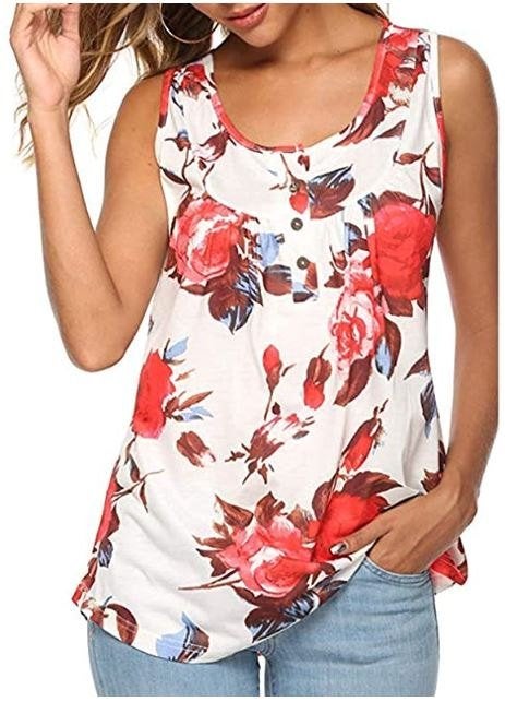 Top Débardeur fluide sans manches blanc à fleurs rouges, Envoi, Neuf, Blanc, Sans manches