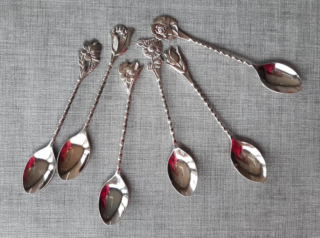 Set 6 theelepels koffielepels bloemen met swirl steel, Ophalen of Verzenden