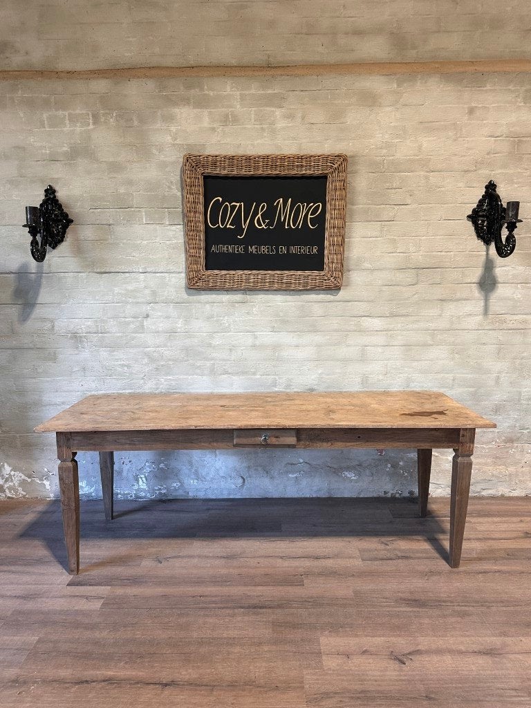 Franse antieke eettafel met 1 lade - 229 x 80 cm + 80 cm, Huis en Inrichting, Gebruikt, Pannenfabriek 2 - unit C - 2360, Oud-Turnhout, Belgie