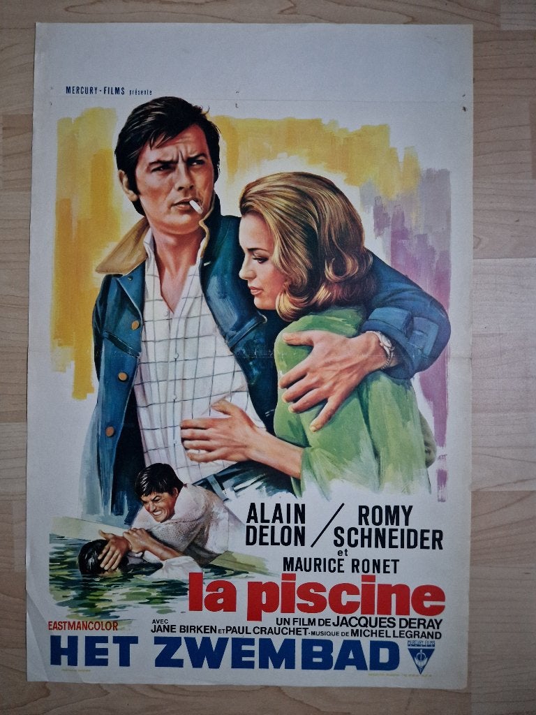 filmaffiche Alain Delon La piscine Romy Schneider filmposter, Rechthoekig Staand, Ophalen of Verzenden, Zo goed als nieuw, A1 t/m A3