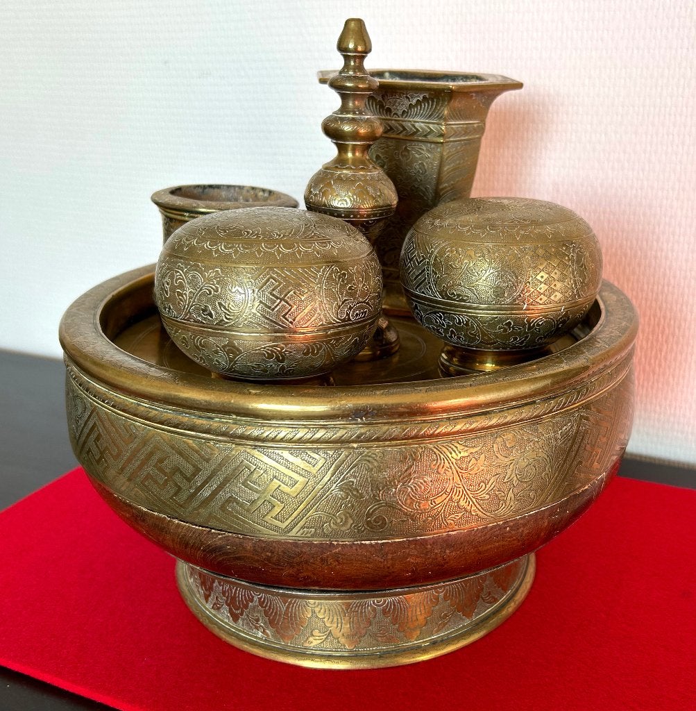 Set voor betelnoten in hout en messing 1890-1910, Ritueel object, Goud, Ophalen of Verzenden, Indonesië