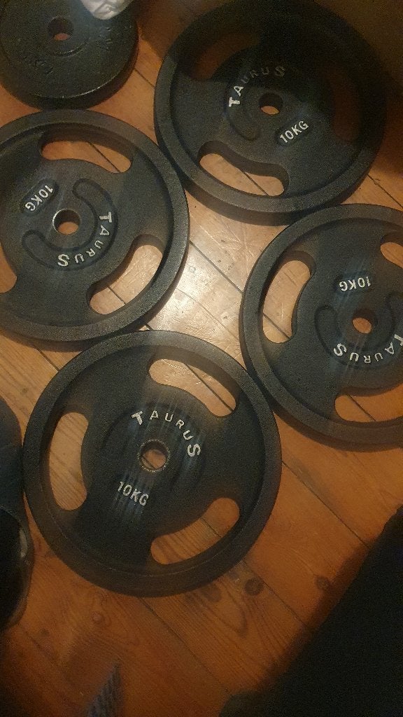 Lot de 4 disques de fonte 10kg, Sport en Fitness, Fitnessmaterialen, Zo goed als nieuw, Halterschijven, Ophalen