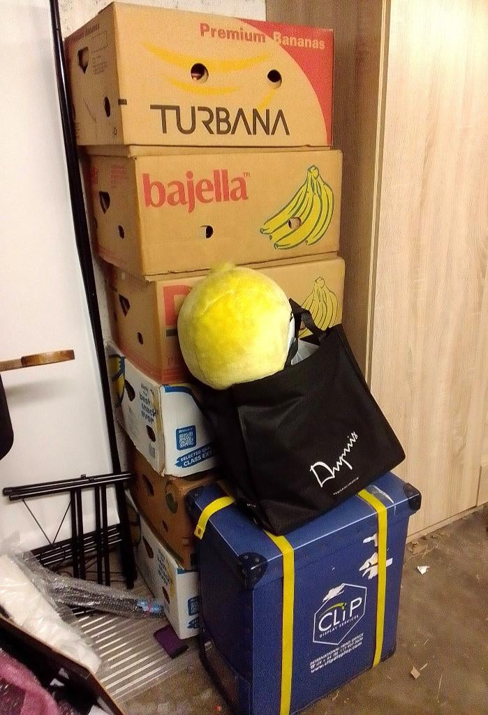 Lot brocante 7 caisses (6 bananes + bac rangement rempli), Enlèvement, Utilisé