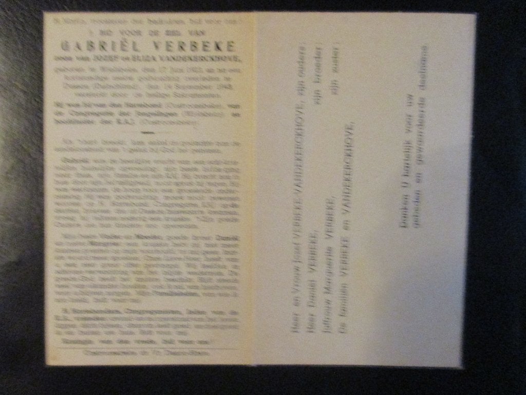 Oorlogsslachtoffer GABRIEL VERBEKE-WIELSBEKE, Verzenden, Overige soorten, Overige typen