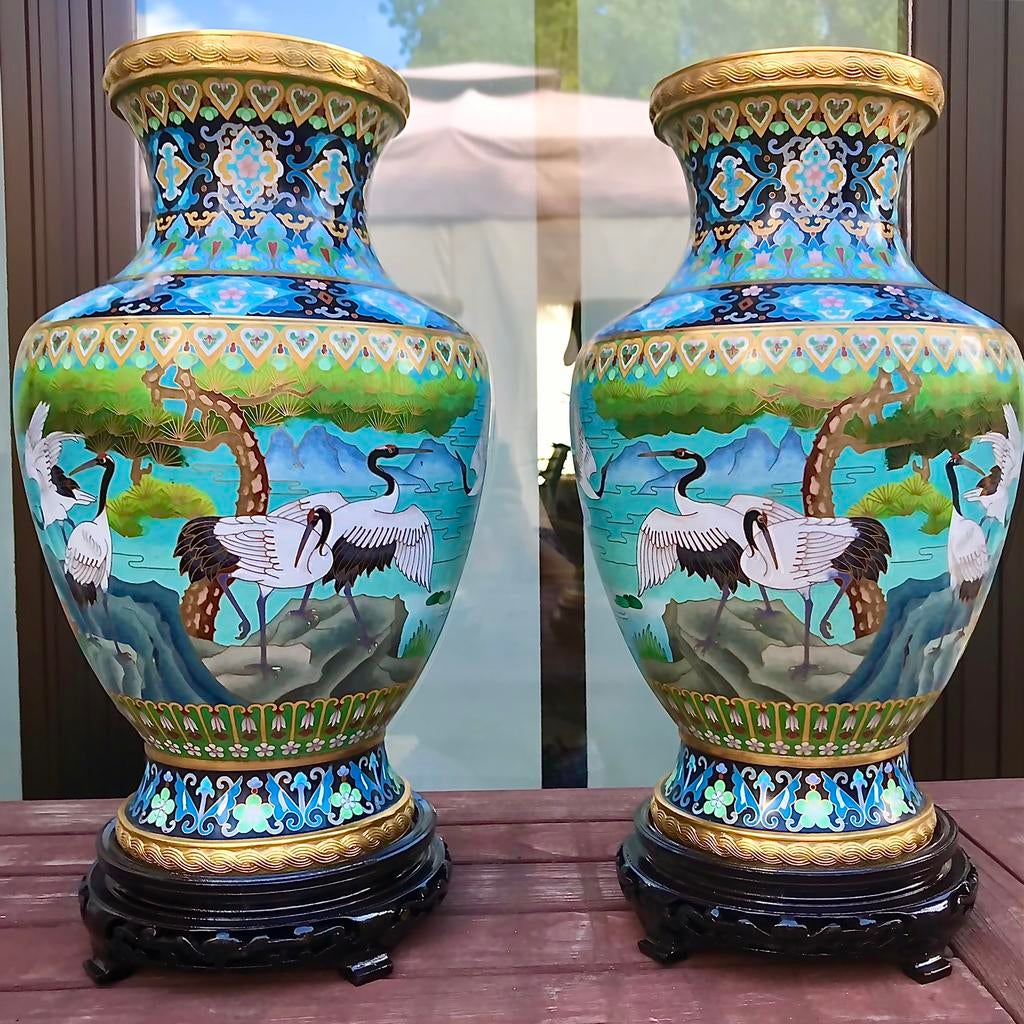 Vases symétriques en émail cloisonné, parfait état, chinois, Enlèvement ou Envoi