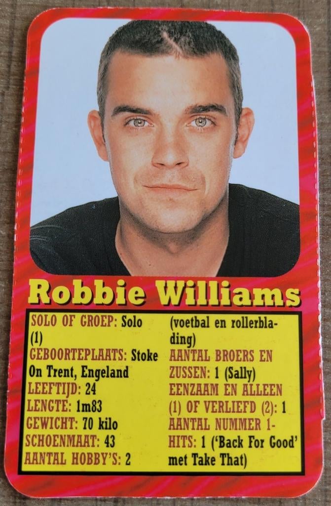 Robbie Williams: fotokaart (Joepie), Enlèvement ou Envoi, Comme neuf, Photo ou Carte