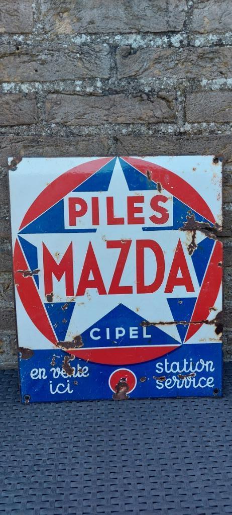 Enseigne publicitaire émaillée Piles Mazda, Collections, Marques & Objets publicitaires, Utilisé, Panneau publicitaire, Enlèvement ou Envoi