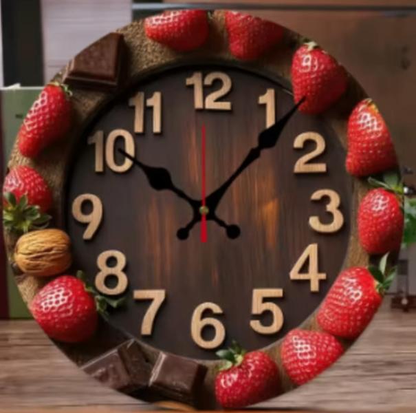 Horloge murale ronde en bois chocolat et fraise (25 cm), Enlèvement ou Envoi, Neuf, Horloge murale