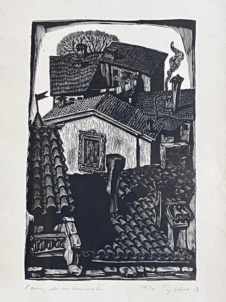 Houtsnede Parijs, Montmartre onleesbaar gesigneerd, Antiek en Kunst, Ophalen of Verzenden