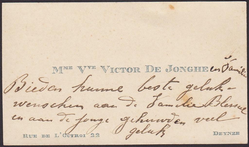 BELGIË - Visitekaartje - Mme Vve Victor De Jonghe, Envoi, Avant 1970, Carte de visite