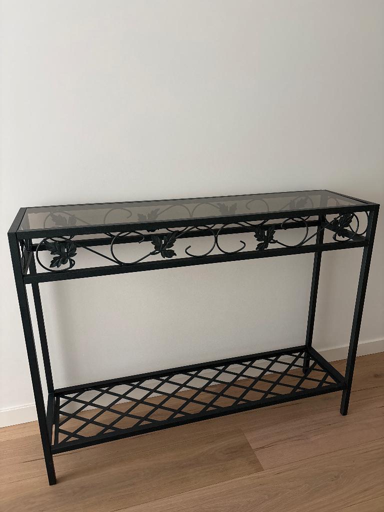 Sidetable van zwart metaal en glas 29x110x83 cm, Ophalen, Gebruikt