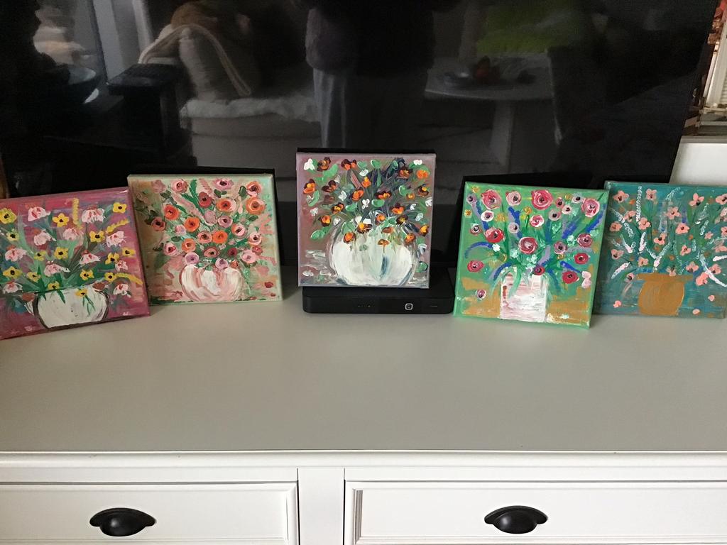 5 schilderijen bloemen op doek 20/20 cm, Verzenden