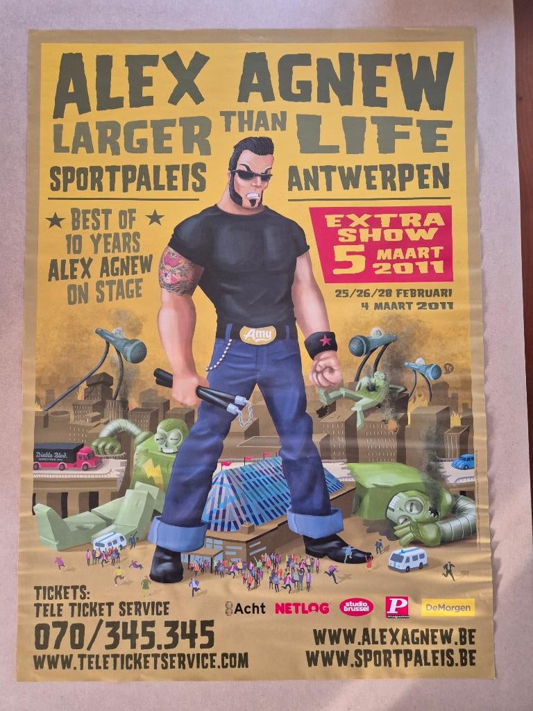 Affiche Poster Alex Agnew 2011 Antwerpen Larger than Life, Collections, Enlèvement ou Envoi, Rectangulaire vertical, A1 jusqu'à A3