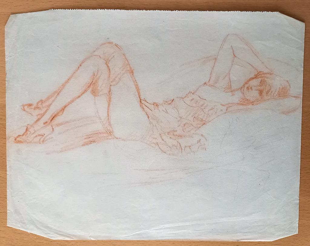 A493-19 Oude tekening Vrouw in lingerie op bed, Ophalen of Verzenden