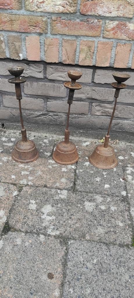 3 Authentieke industriele en gietijzeren kandelaars, 3 stuks, Ophalen of Verzenden