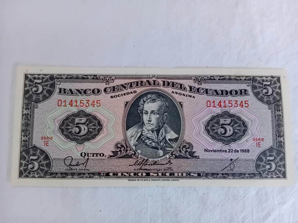 Bankbiljet 5 Sucres Ecuador 1988 nieuw, Ophalen of Verzenden, Los biljet