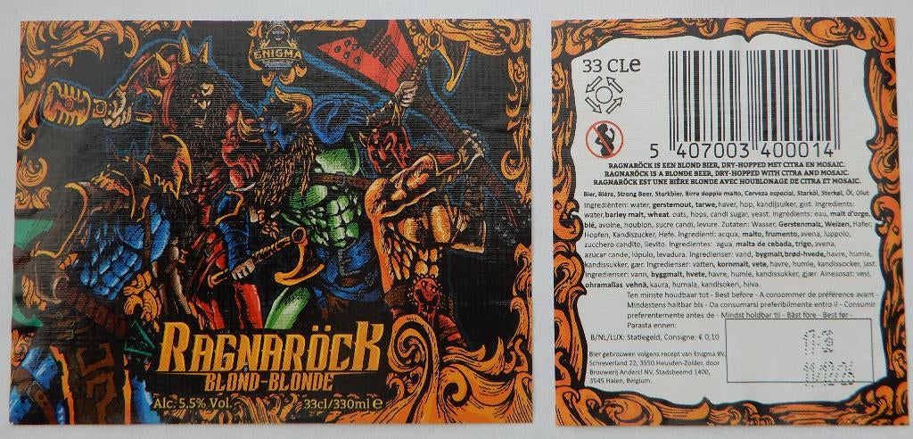 Bieretiket Ragnaröck blond Brouwerij Enigma (11u6), Verzenden, Gebruikt