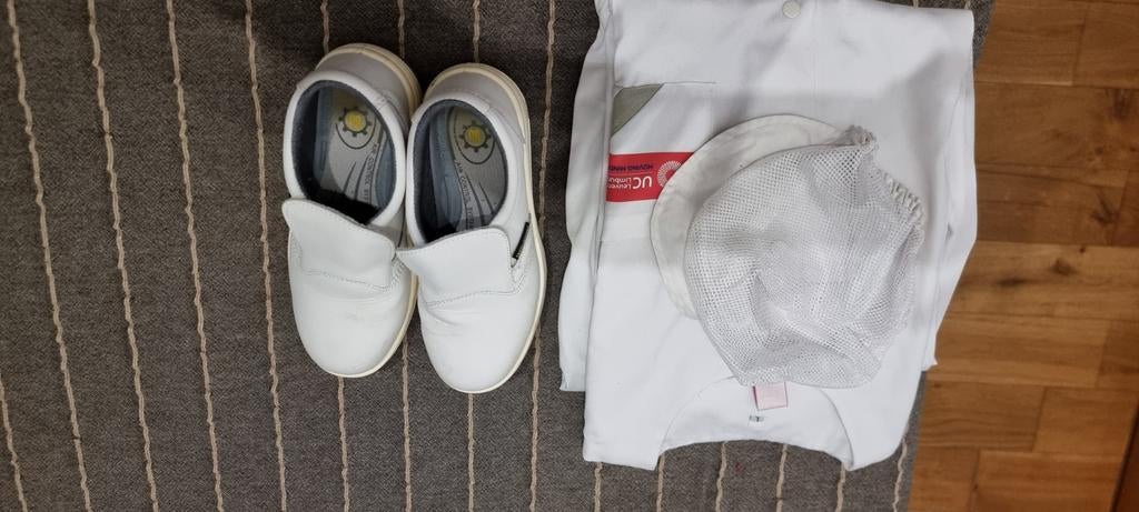 Witte koksvest L en broek M, schoenen M38, Kleding | Dames, Ophalen