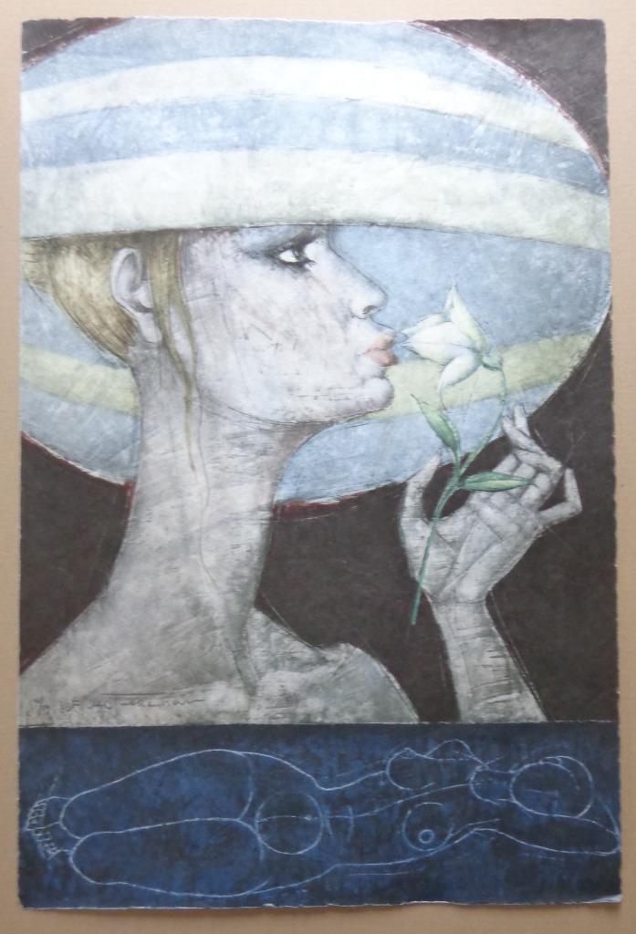 JEF VAN TUERENHOUT / KONINGIN MET HOED / ZEEFDRUK / 76x50cm, Enlèvement ou Envoi