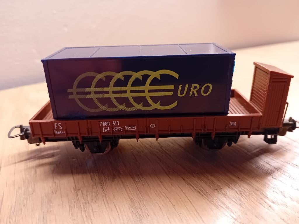 platte wagon + remhuis Lima met container beladen "€uro" HO, Ophalen of Verzenden, Wagon, Lima