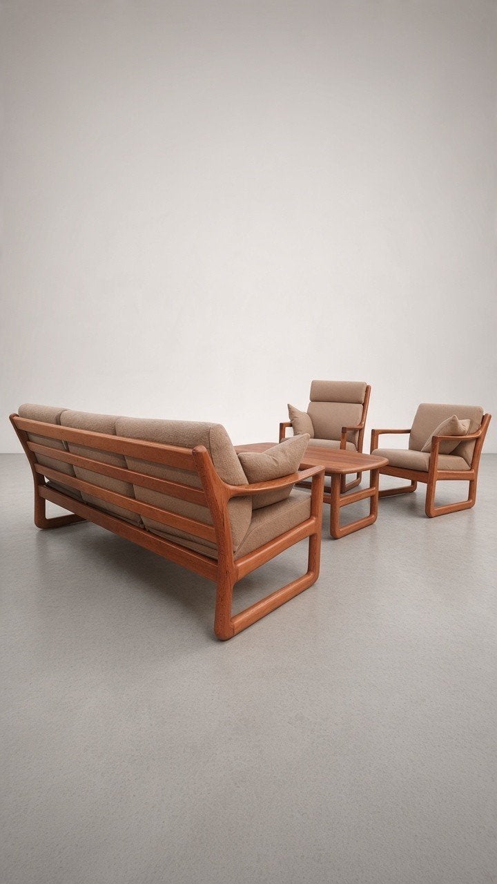 Ensemble de salon vintage Silkeborg retapissé–3+1+1 & table, Maison & Meubles, Quatre personnes ou plus, Banc droit, Bois, Comme neuf