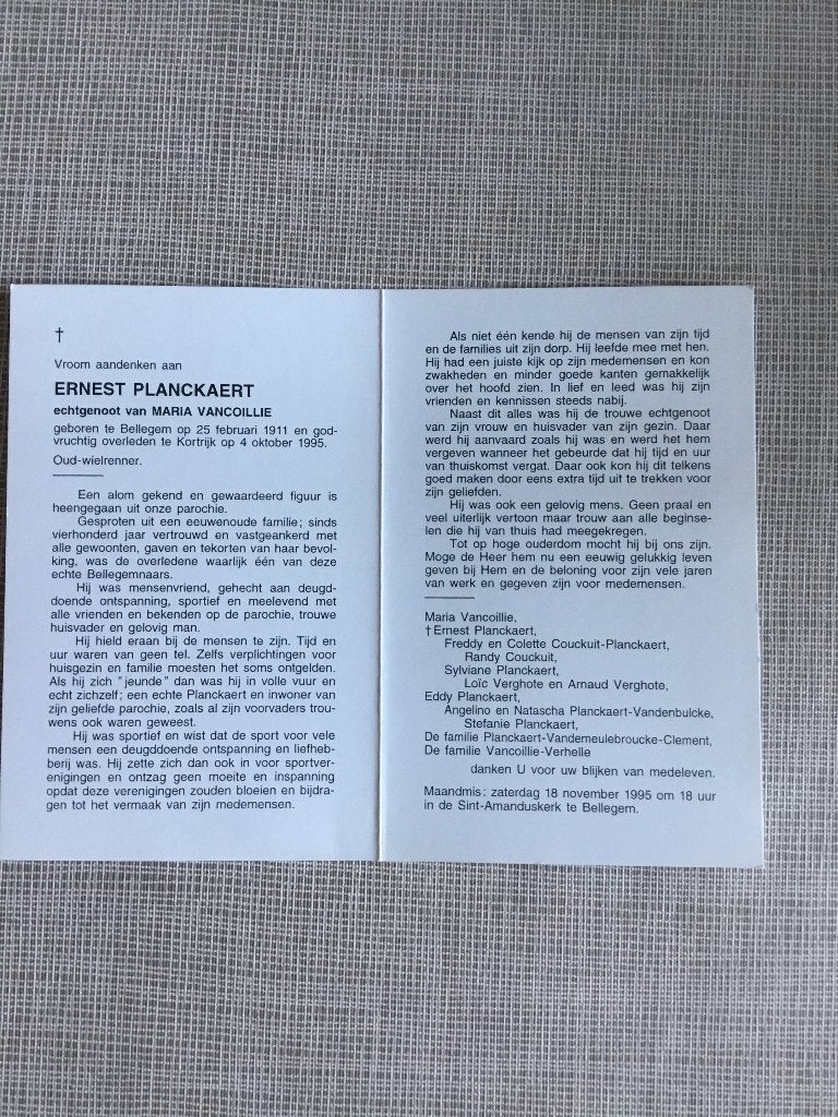 Wielrenner E. Planckaert Bellegem +Kortrijk 1995, Verzenden, Bidprentje