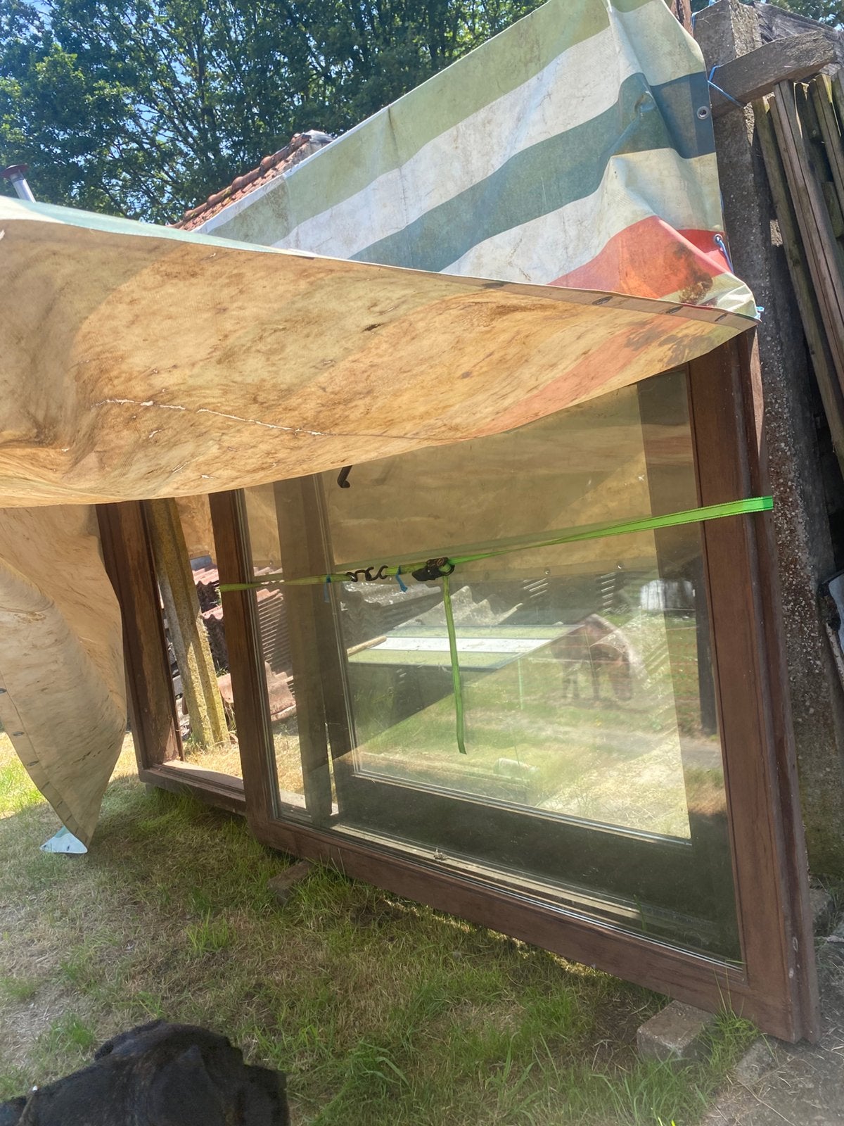 VERKOCHT !! Dark red Merantie, schuifraam, dubbele beglasing, Ophalen, Gebruikt, Hout, Schuifpui
