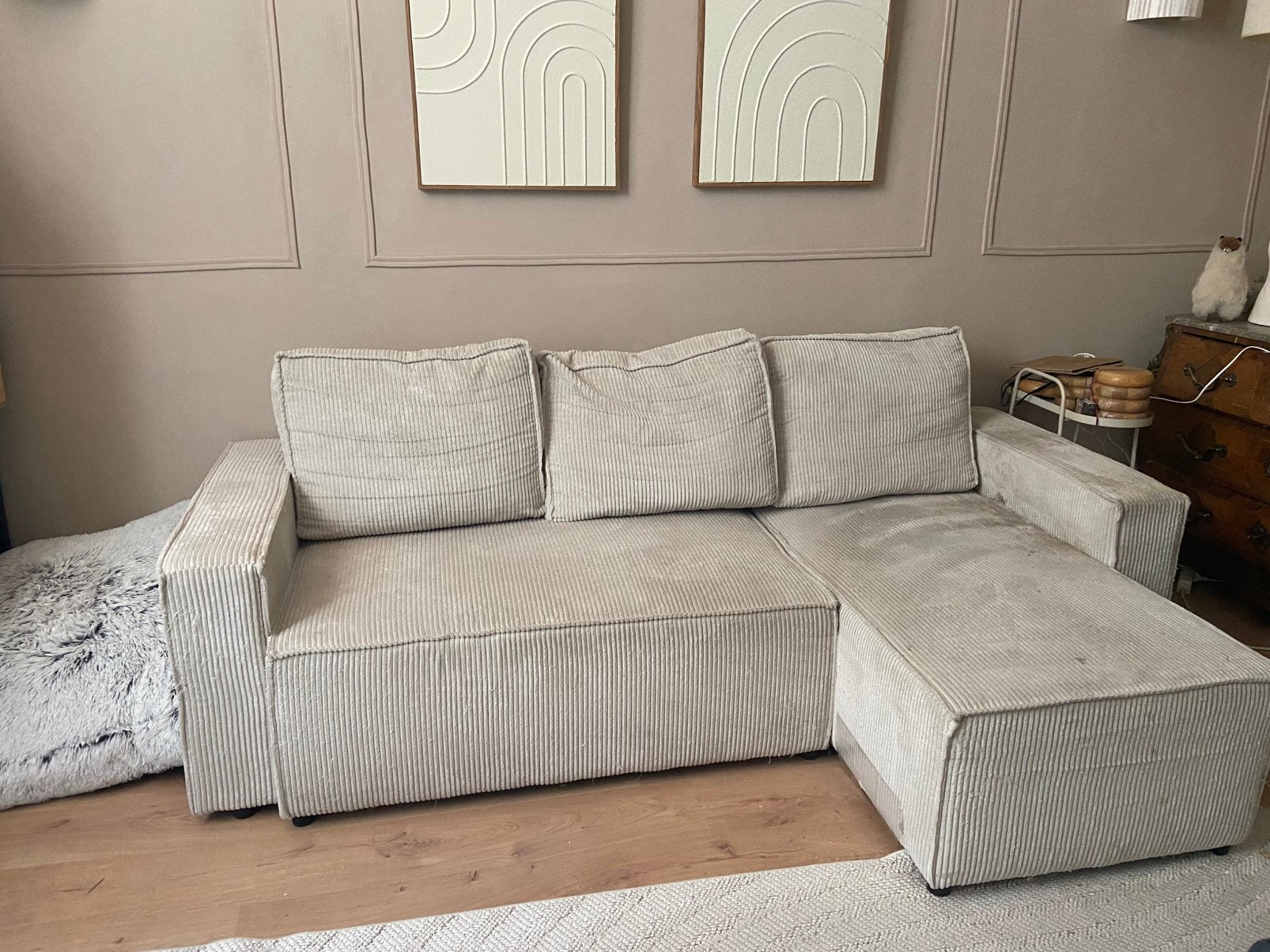Canape coffre /couchage velour côtelé beige, Enlèvement, Utilisé, Tissus, Scandinave