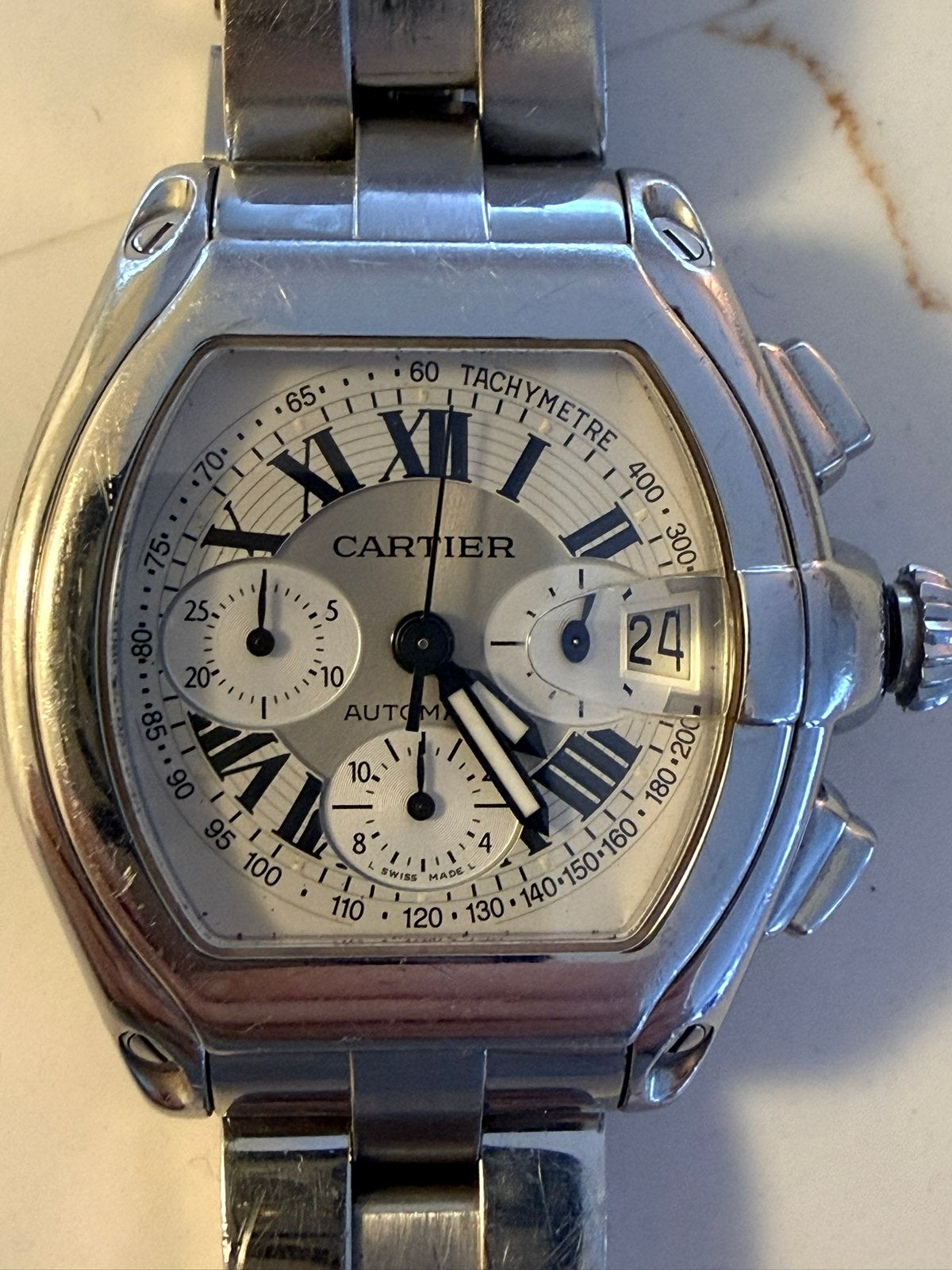 Cartier Roadster XL Chronograph – origineel, Handtassen en Accessoires, Horloges | Dames, Staal, Gebruikt, Staal, Verzenden