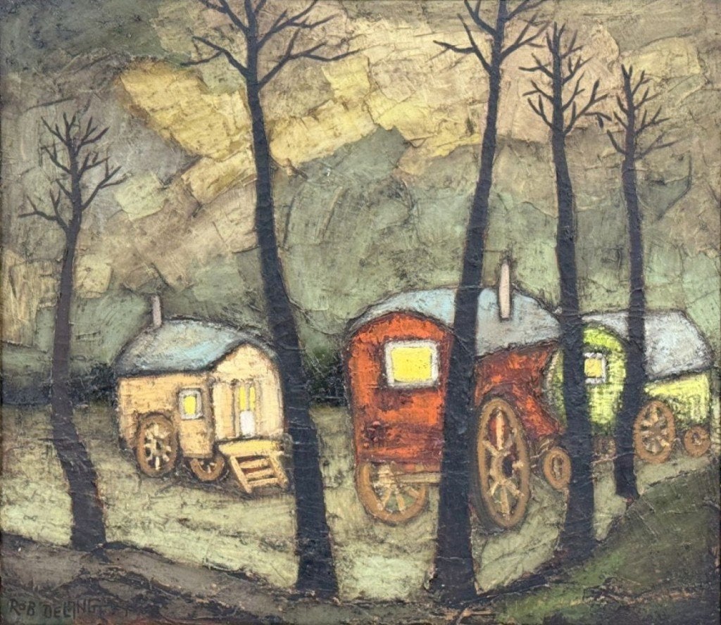 Schilderij Rob Delange (1932-2018), Antiquités & Art, Peinture à l'huile, Expressionniste, Enlèvement, Paysage urbain / rural