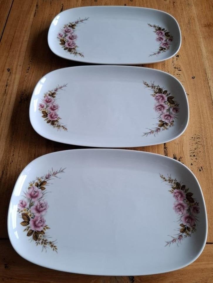 6 Vintage grote schalen met roze rozen, buffet, lunch, Pasen, Gebruikt, ., Ophalen of Verzenden, Schaal of Schalen