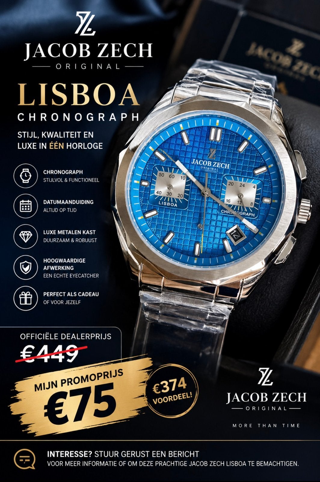 JACOB ZECH LISBOA CHRONO TWV449€! 💯%NIEUW, ORIGINEEL, Handtassen en Accessoires, Ophalen of Verzenden, Nieuw