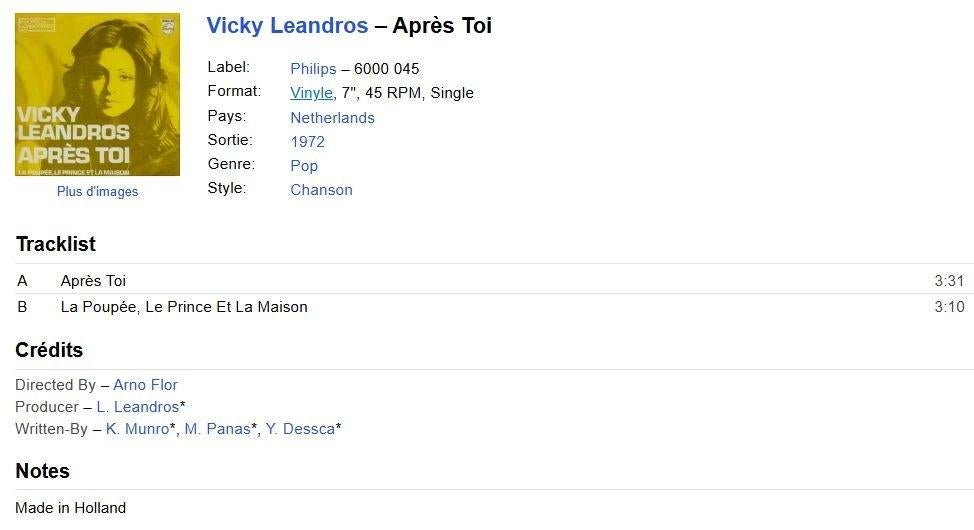 Vicky Leandros: Après Toi/La Poupée LePrince&LaMaison(1972), Enlèvement ou Envoi, Utilisé, Autres formats, Pop