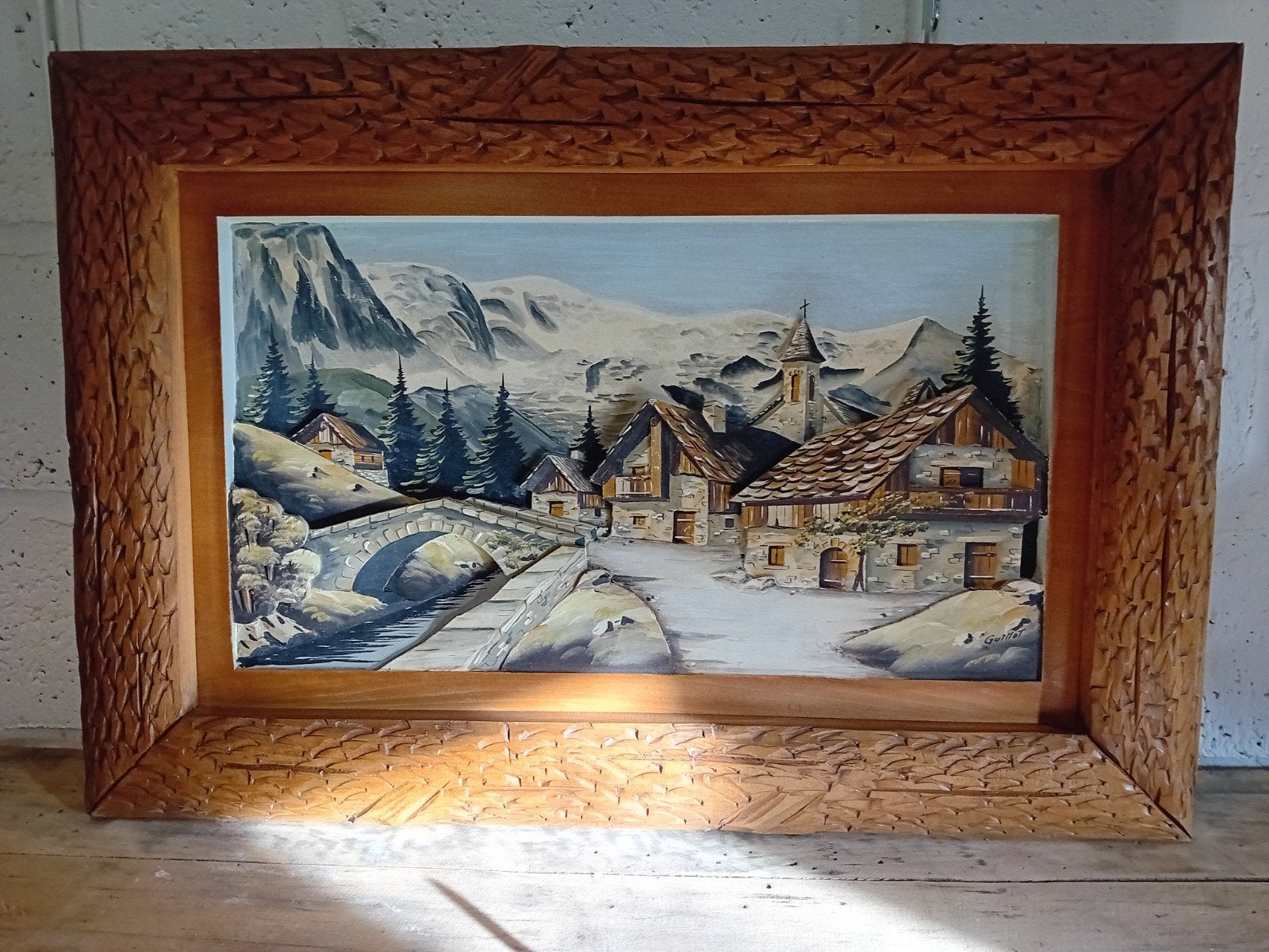 tableau relief bois - paysage montagne, Antiquités & Art, Enlèvement ou Envoi, Vintage, Paysage