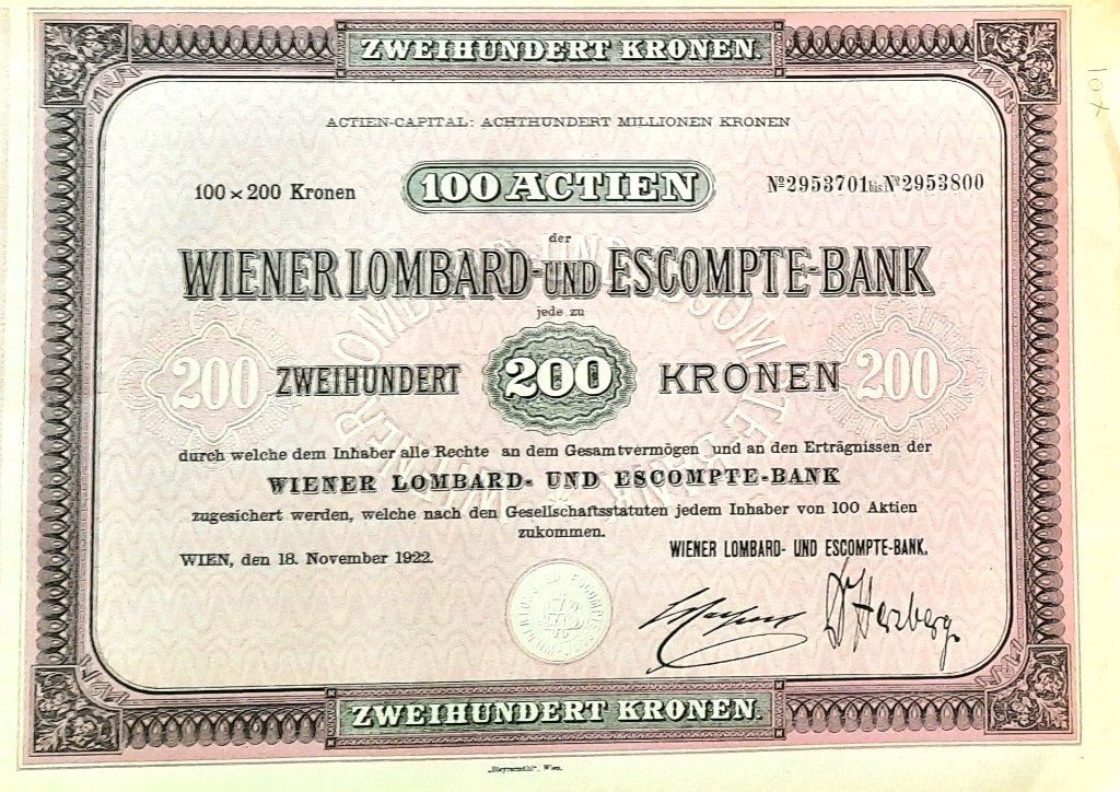 Wiener Lombard und Escompte Bank  - Wien - 1922 - 100 aktien, Timbres & Monnaies, Enlèvement ou Envoi